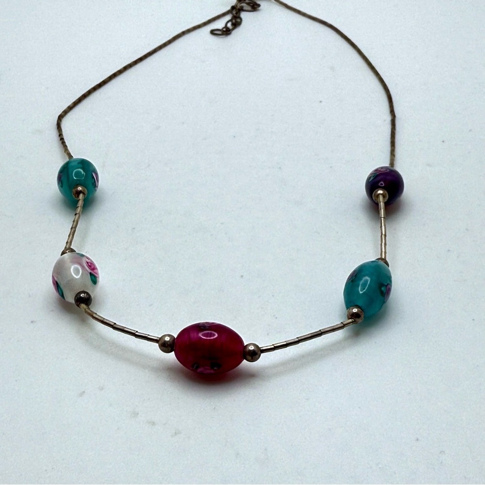 Vintage Sterling Silver 925 Multicolor Glass Beads Necklace